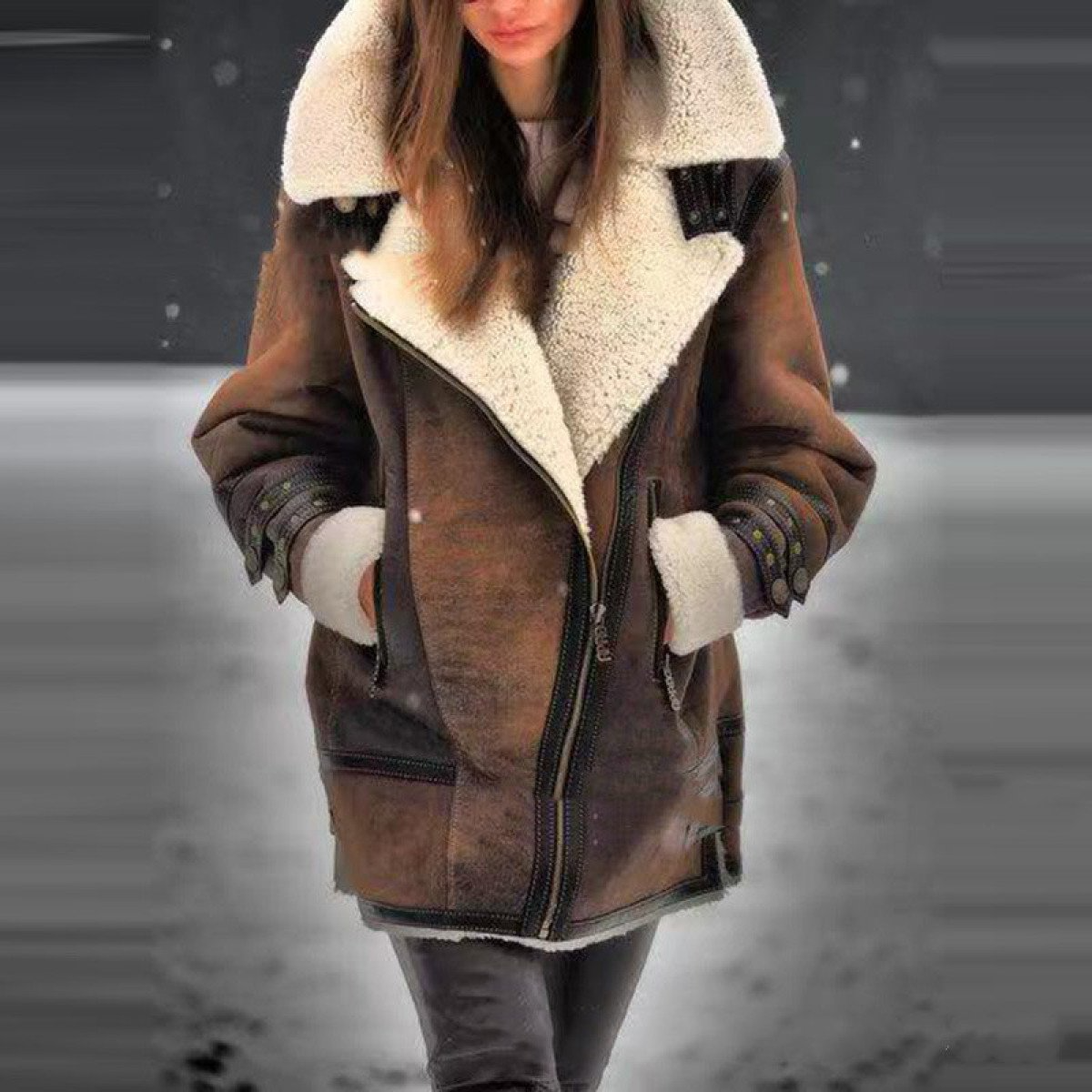 Women’s Leather Aviator Jacket – Brown with Fleece Lining and Collar
